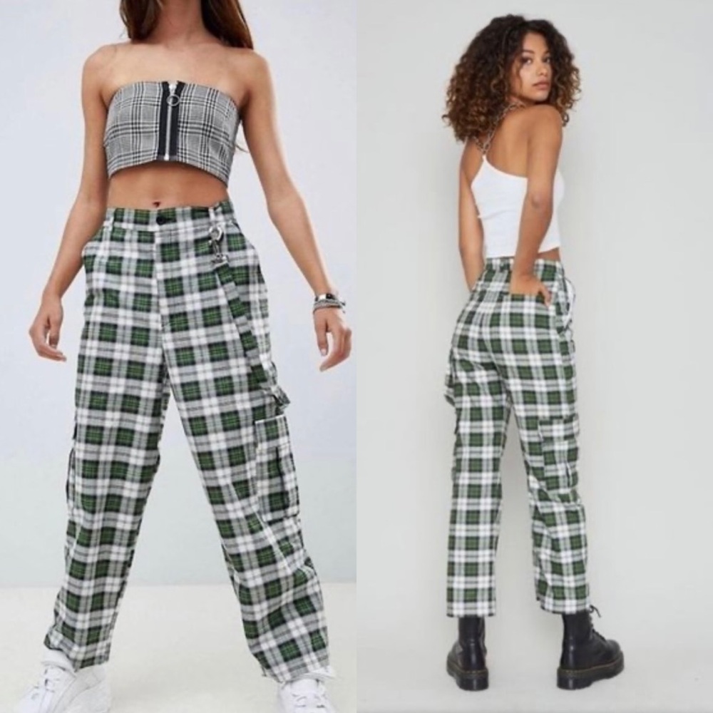 THE RAGGED PRIEST Plaid Cargo Pants Green Large Side Pockets Boho Cottagecore XS